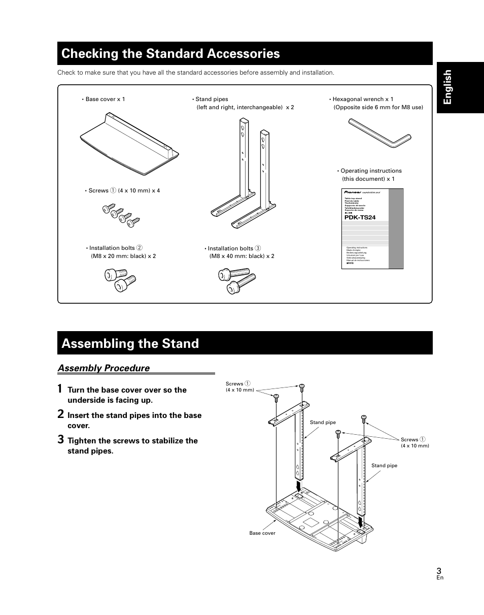 Checking the standard accessories, Assembling the stand, English | Assembly procedure | Pioneer PDK-TS24 User Manual | Page 3 / 51