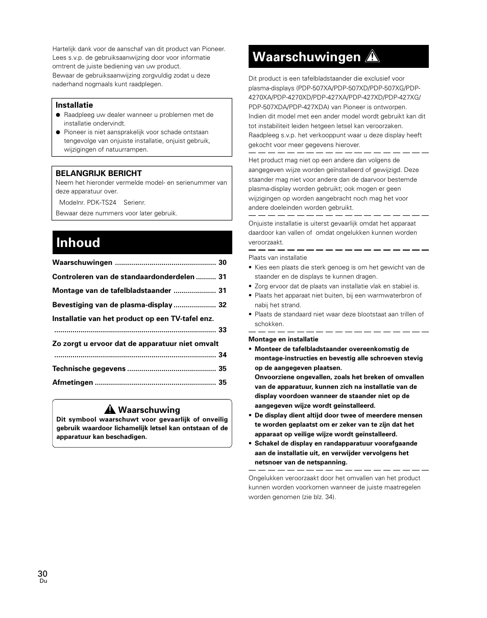 Gebruiksaanwijzing, Inhoud, Waarschuwingen | Waarschuwing | Pioneer PDK-TS24 User Manual | Page 30 / 51