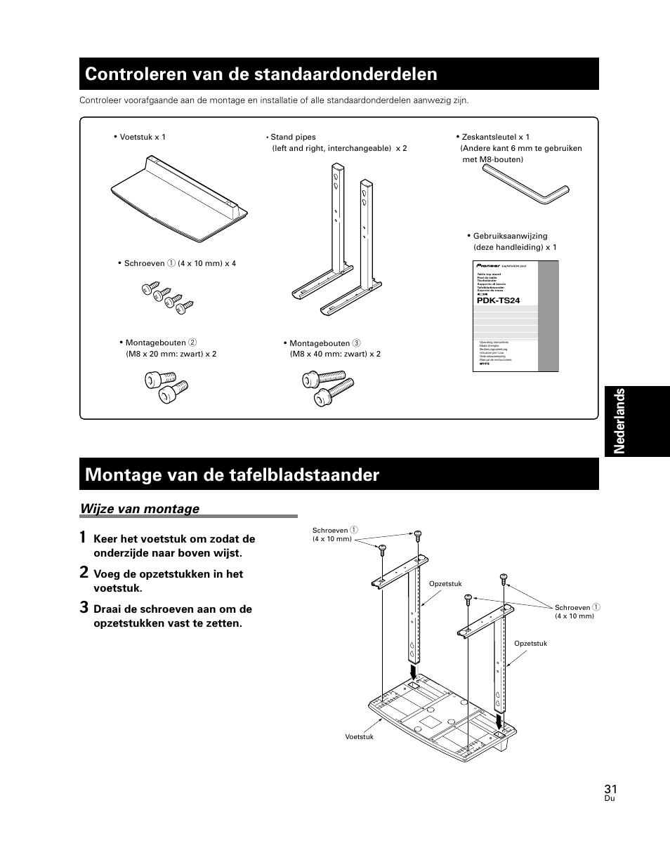 Controleren van de standaardonderdelen, Montage van de tafelbladstaander, Nederlands | Wijze van montage | Pioneer PDK-TS24 User Manual | Page 31 / 51