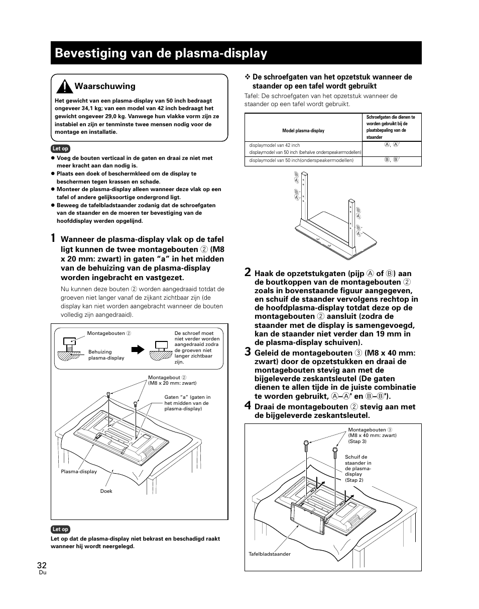 Bevestiging van de plasma-display, Waarschuwing | Pioneer PDK-TS24 User Manual | Page 32 / 51