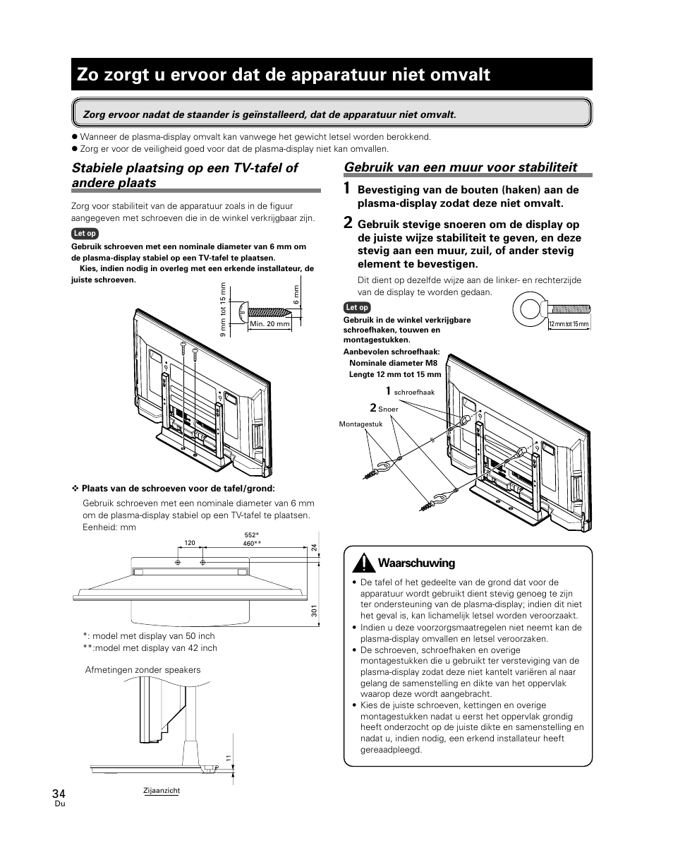 Zo zorgt u ervoor dat de apparatuur niet omvalt, Gebruik van een muur voor stabiliteit, Waarschuwing | Pioneer PDK-TS24 User Manual | Page 34 / 51