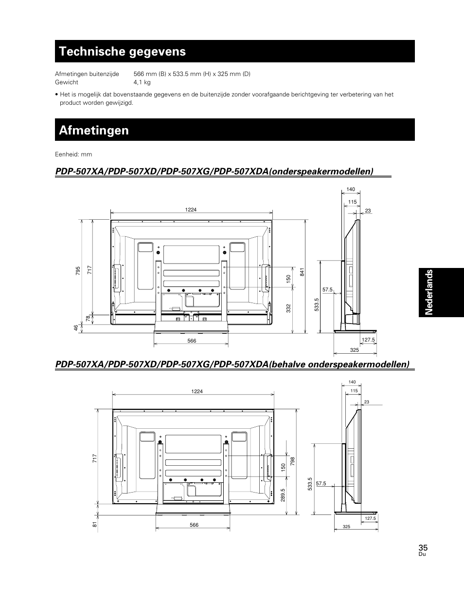 Technische gegevens, Afmetingen, Nederlands | Pioneer PDK-TS24 User Manual | Page 35 / 51