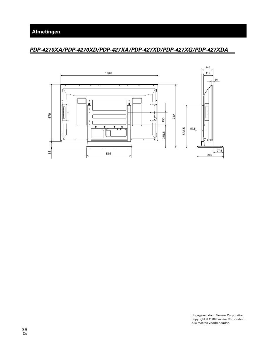 Afmetingen | Pioneer PDK-TS24 User Manual | Page 36 / 51