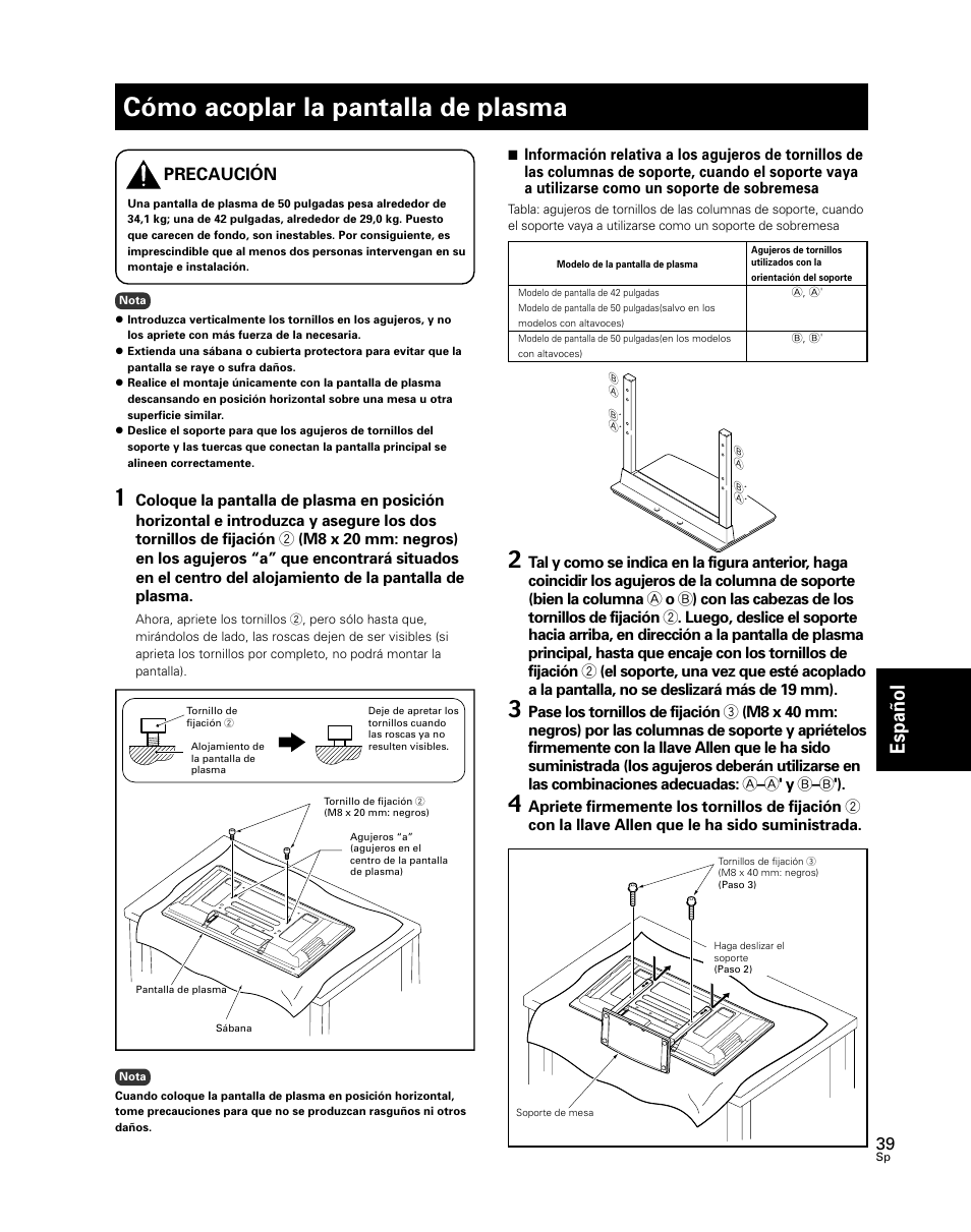 Cómo acoplar la pantalla de plasma, Espa ñ ol, Precaución | Pioneer PDK-TS24 User Manual | Page 39 / 51