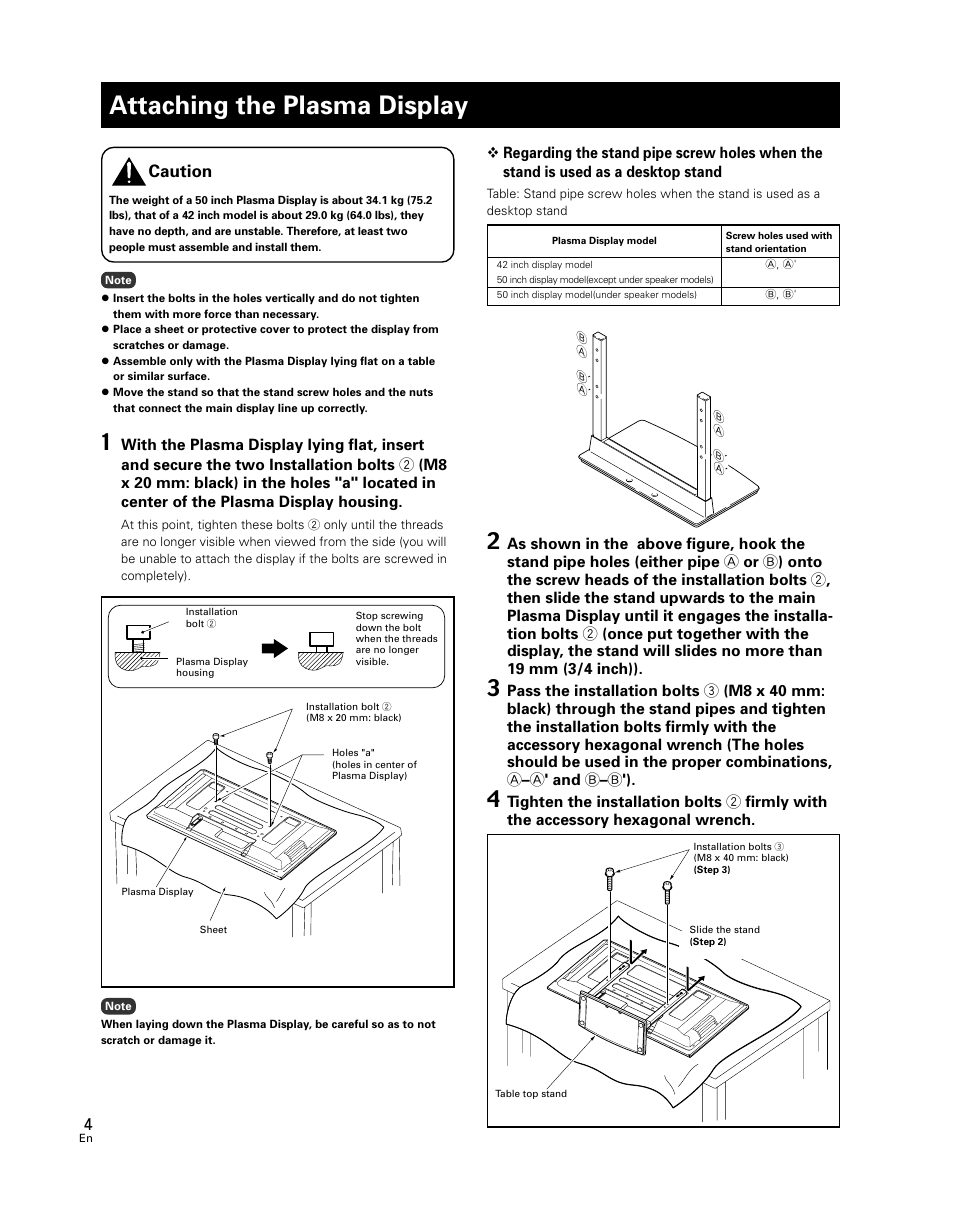 Attaching the plasma display, Caution | Pioneer PDK-TS24 User Manual | Page 4 / 51