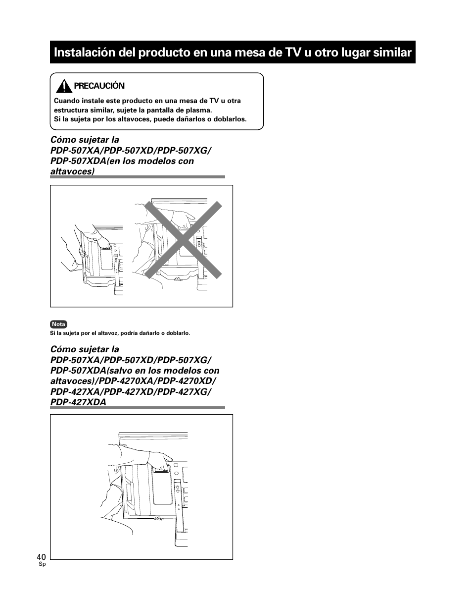 Instalación del producto en una mesa de tv u, Otro lugar similar | Pioneer PDK-TS24 User Manual | Page 40 / 51