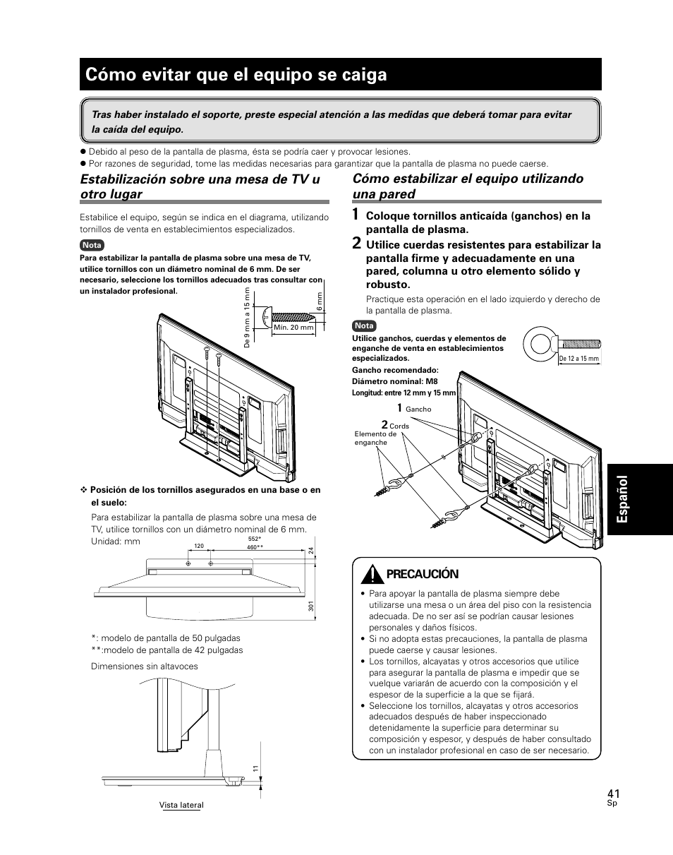 Cómo evitar que el equipo se caiga, Espa ñ ol, Cómo estabilizar el equipo utilizando una pared | Estabilización sobre una mesa de tv u otro lugar, Precaución | Pioneer PDK-TS24 User Manual | Page 41 / 51