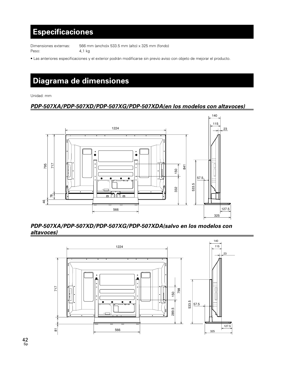 Especificaciones, Diagrama de dimensiones | Pioneer PDK-TS24 User Manual | Page 42 / 51