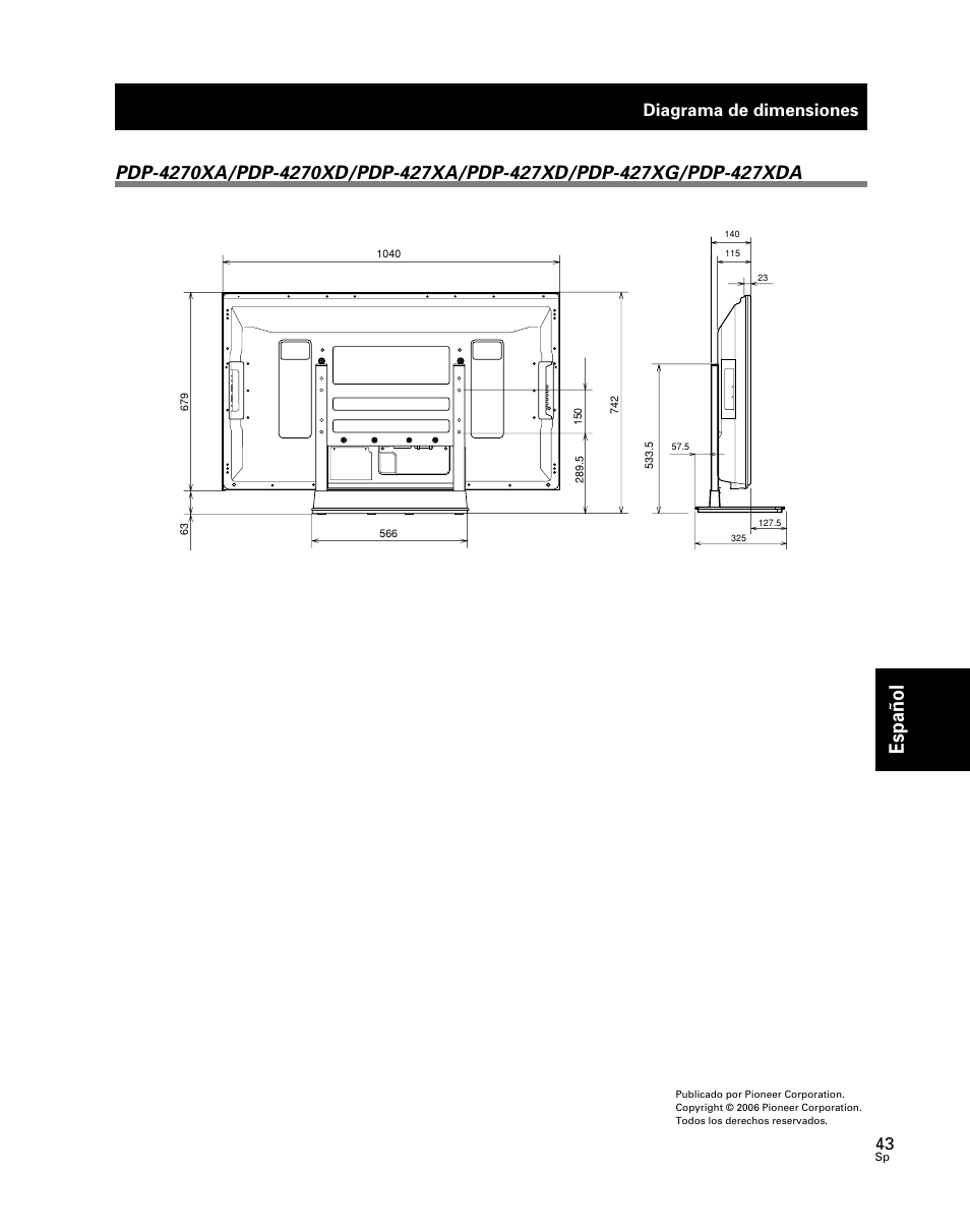 Espa ñ ol, Diagrama de dimensiones | Pioneer PDK-TS24 User Manual | Page 43 / 51