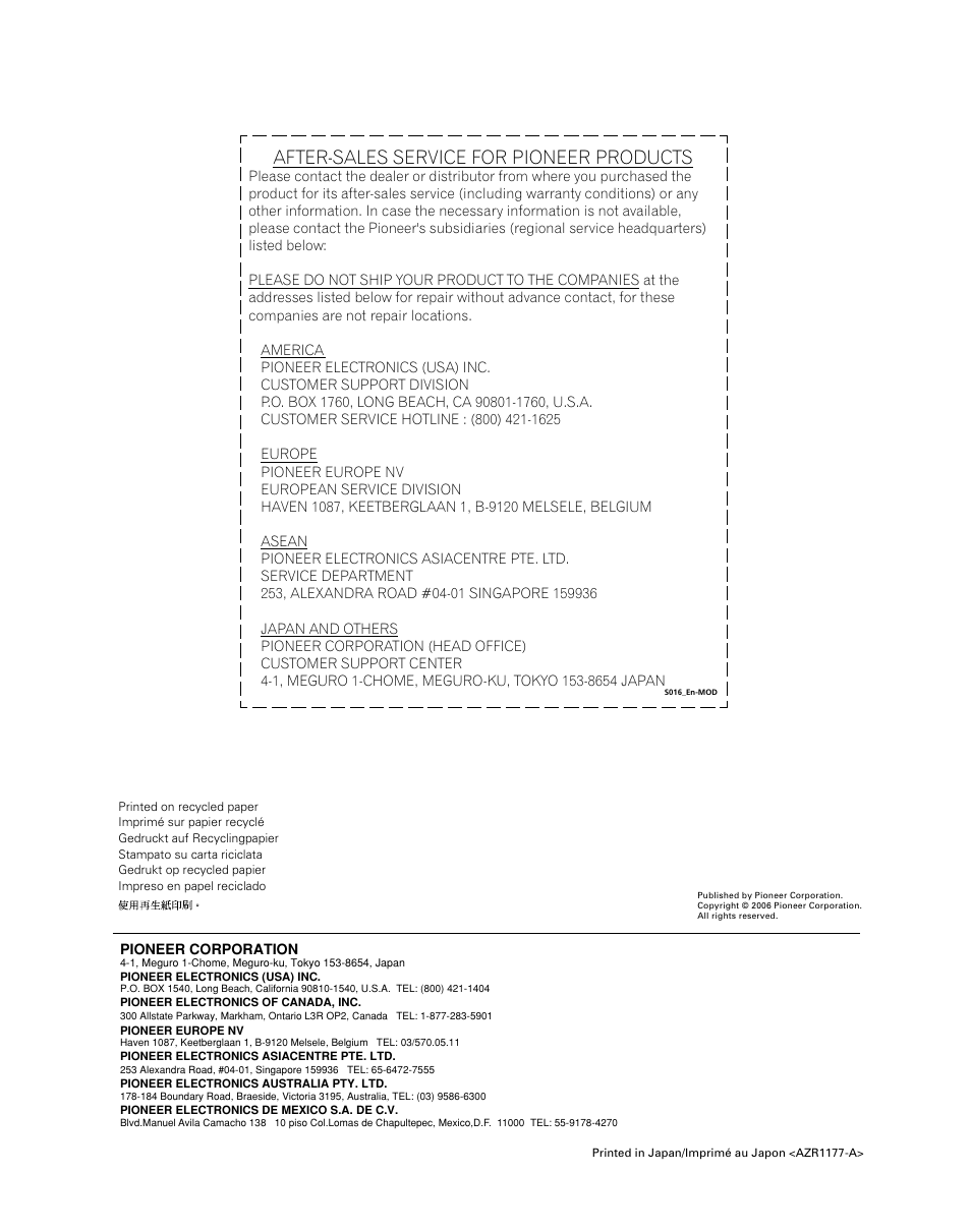 After-sales service for pioneer products | Pioneer PDK-TS24 User Manual | Page 51 / 51