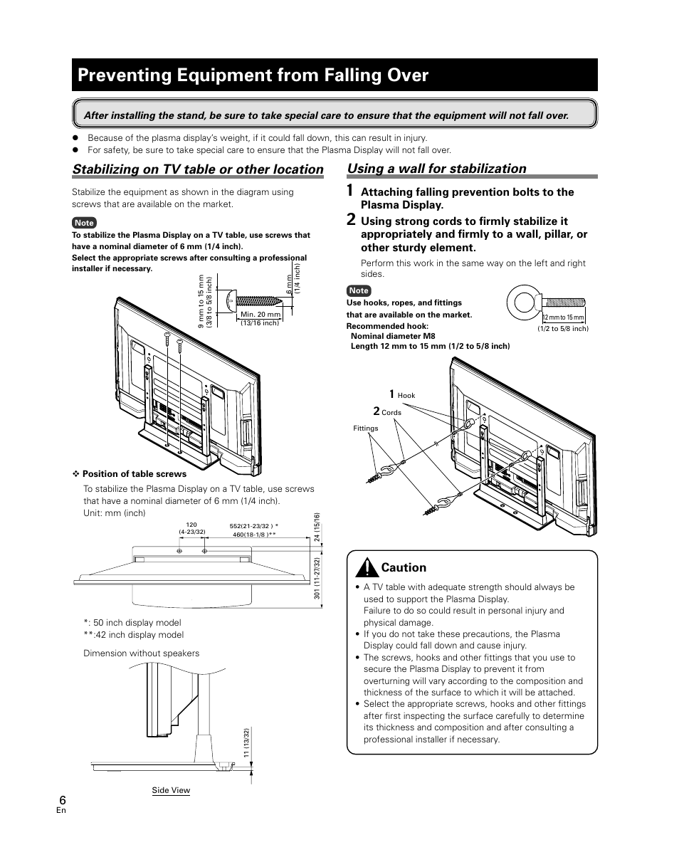 Preventing equipment from falling over, Using a wall for stabilization, Stabilizing on tv table or other location | Caution | Pioneer PDK-TS24 User Manual | Page 6 / 51