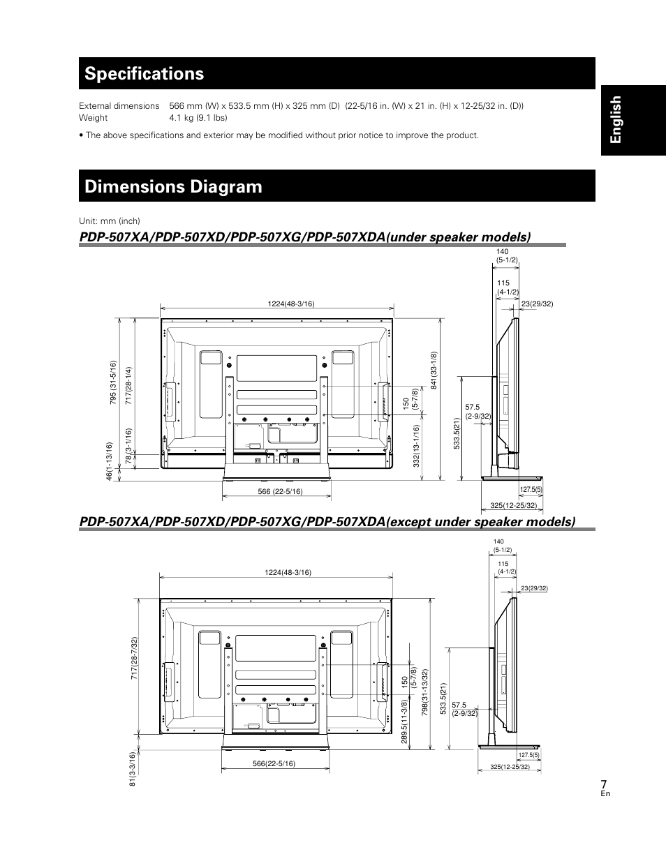 Specifications, Dimensions diagram, English | Pioneer PDK-TS24 User Manual | Page 7 / 51