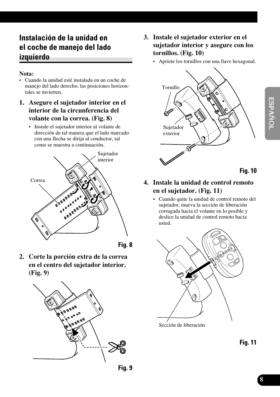 Instalación de la unidad en, El coche de manejo del lado izquierdo | Pioneer DEH-P8400MP User Manual | Page 17 / 52