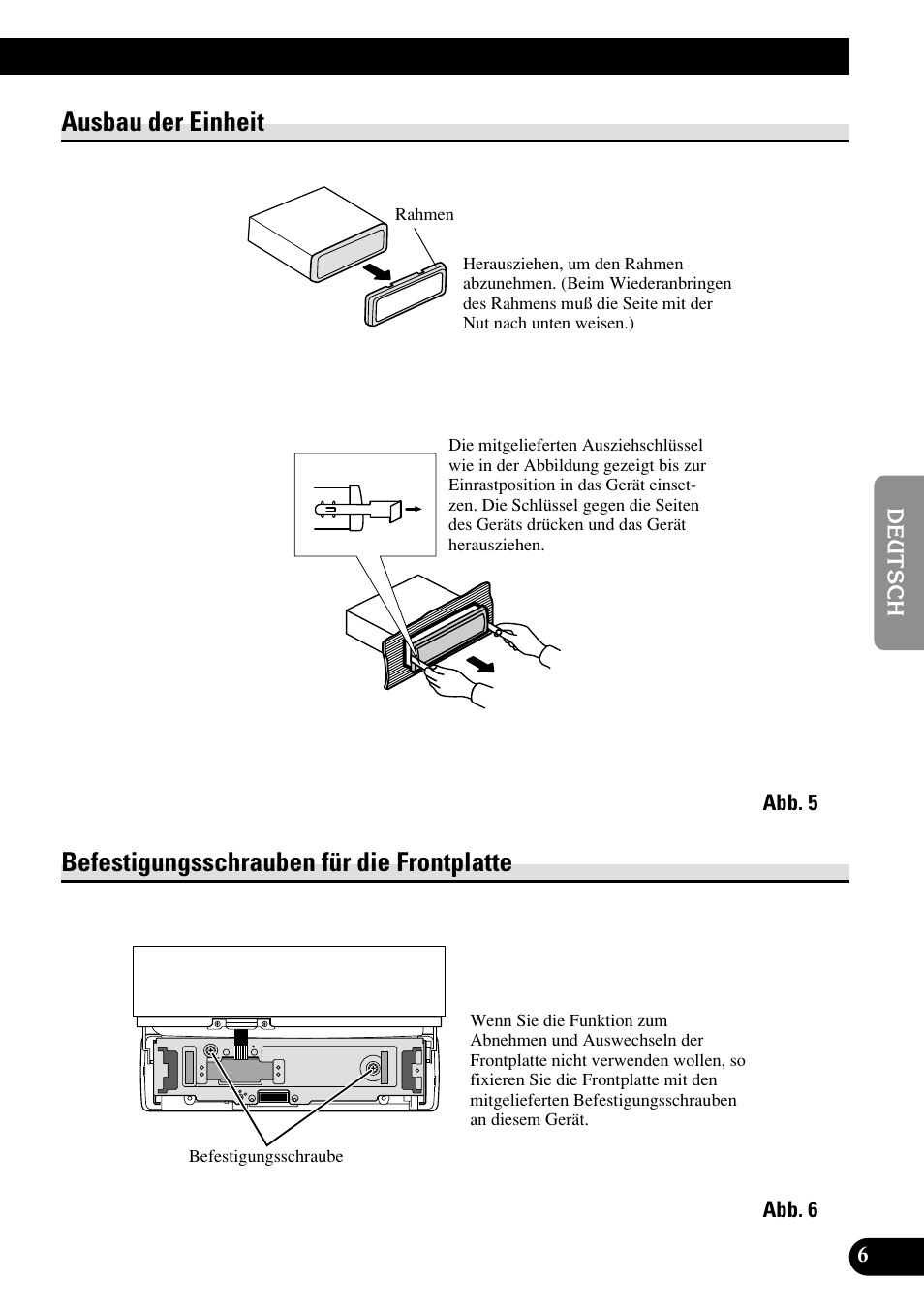 A title (english), Ausbau der einheit, Befestigungsschrauben für die frontplatte | Pioneer DEH-P8400MP User Manual | Page 23 / 52