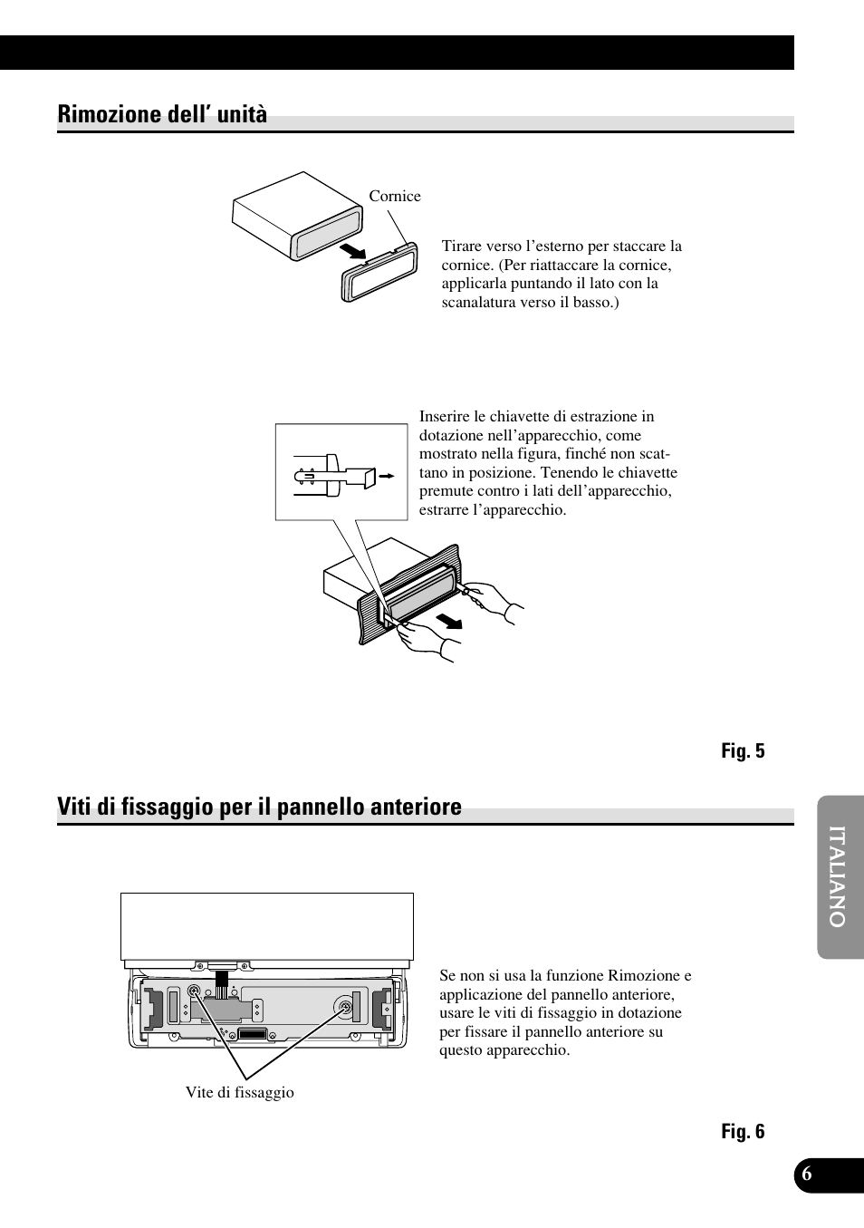 A title (english), Rimozione dell’ unità, Viti di fissaggio per il pannello anteriore | Pioneer DEH-P8400MP User Manual | Page 39 / 52