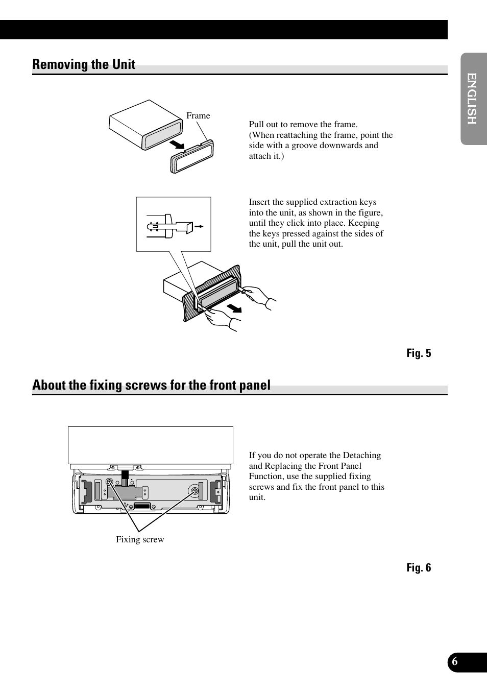 Steering remote control unit, A title (english), Removing the unit | About the fixing screws for the front panel | Pioneer DEH-P8400MP User Manual | Page 7 / 52