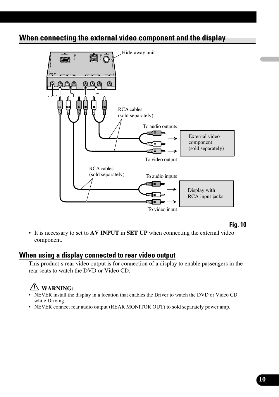 When connecting the external video, Component and the display | Pioneer AVH-P6600DVD User Manual | Page 11 / 85