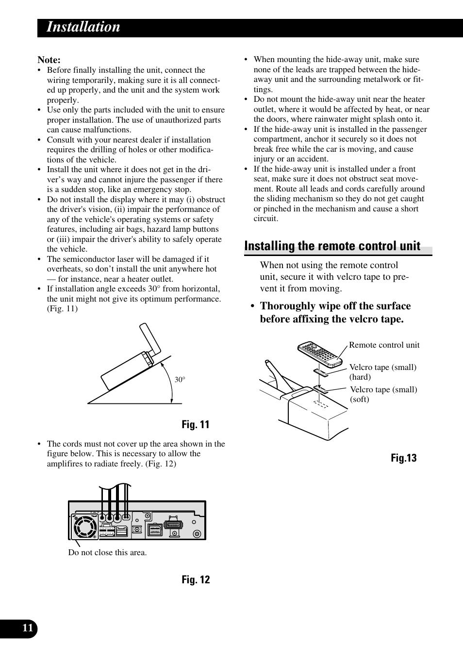 Installation, Installing the remote control unit | Pioneer AVH-P6600DVD User Manual | Page 12 / 85