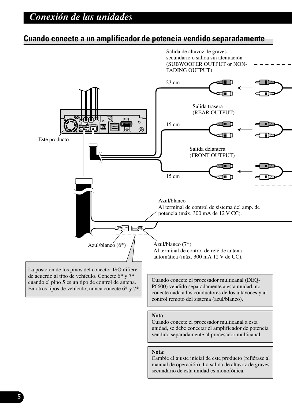 Cuando conecte a un amplificador de, Potencia vendido separadamente, Conexión de las unidades | Pioneer AVH-P6600DVD User Manual | Page 20 / 85