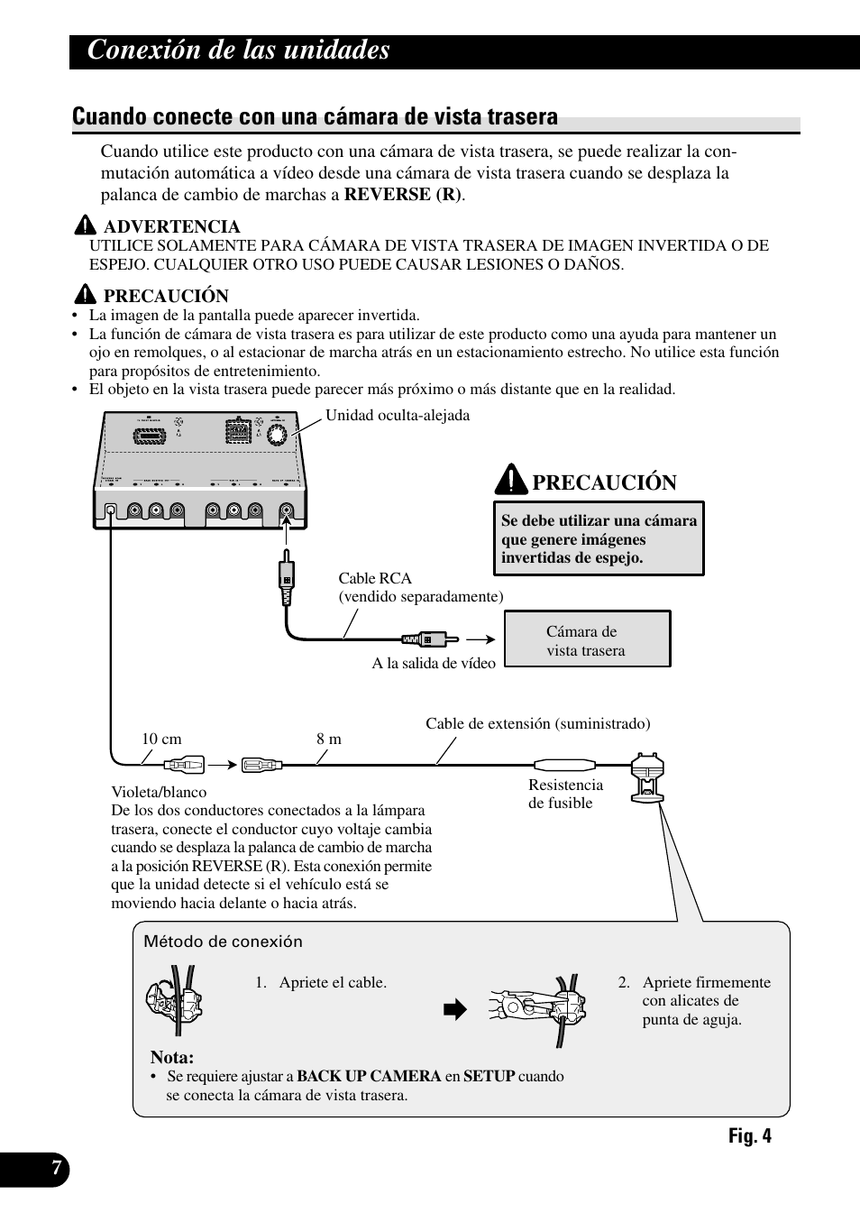 Cuando conecte con una cámara de, Vista trasera, Conexión de las unidades | Cuando conecte con una cámara de vista trasera, Precaución | Pioneer AVH-P6600DVD User Manual | Page 22 / 85