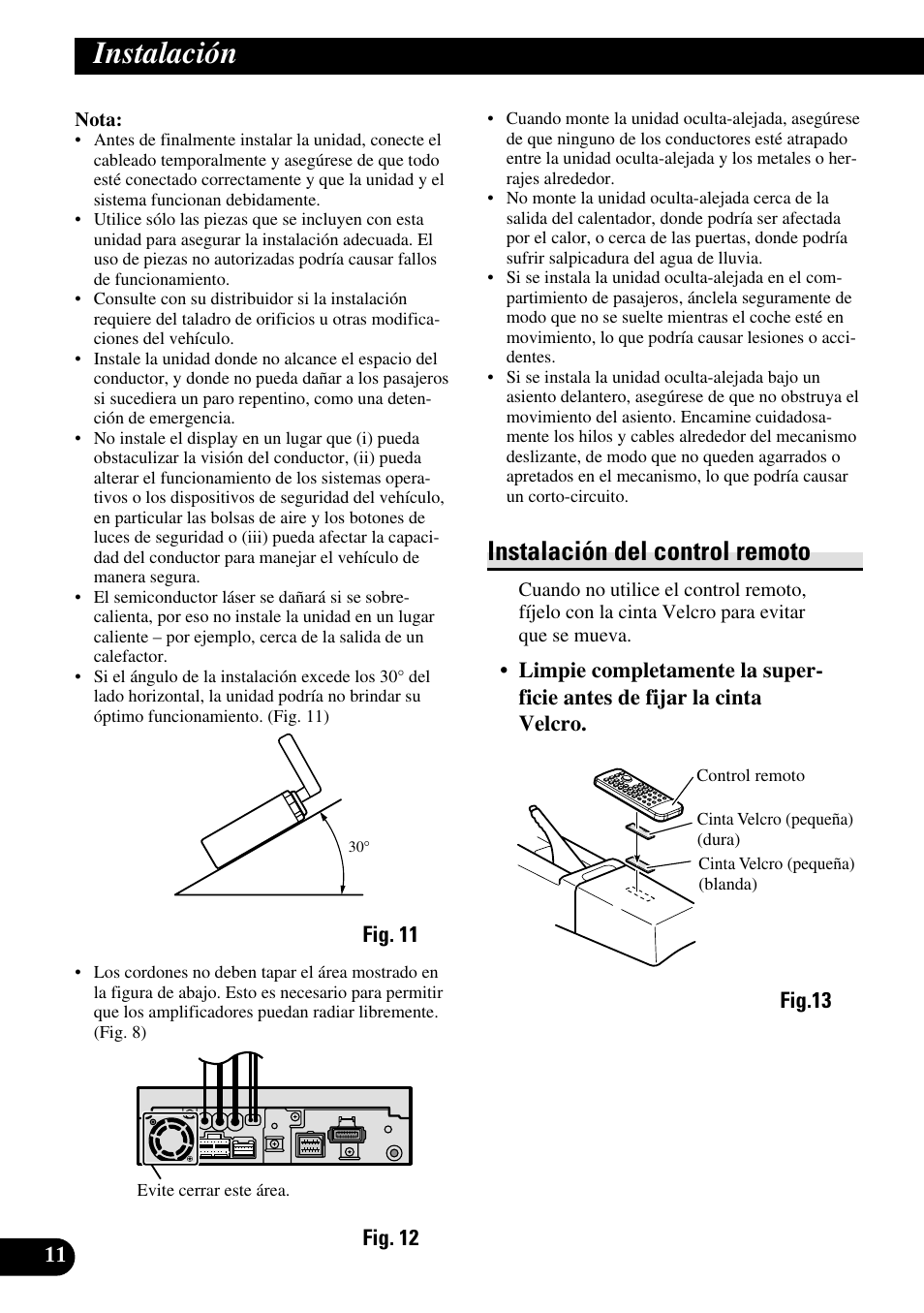 Instalación, Instalación del control remoto | Pioneer AVH-P6600DVD User Manual | Page 26 / 85