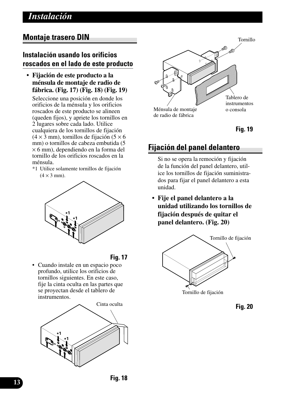 Montaje trasero din fijación del panel delantero, Instalación, Montaje trasero din | Fijación del panel delantero | Pioneer AVH-P6600DVD User Manual | Page 28 / 85