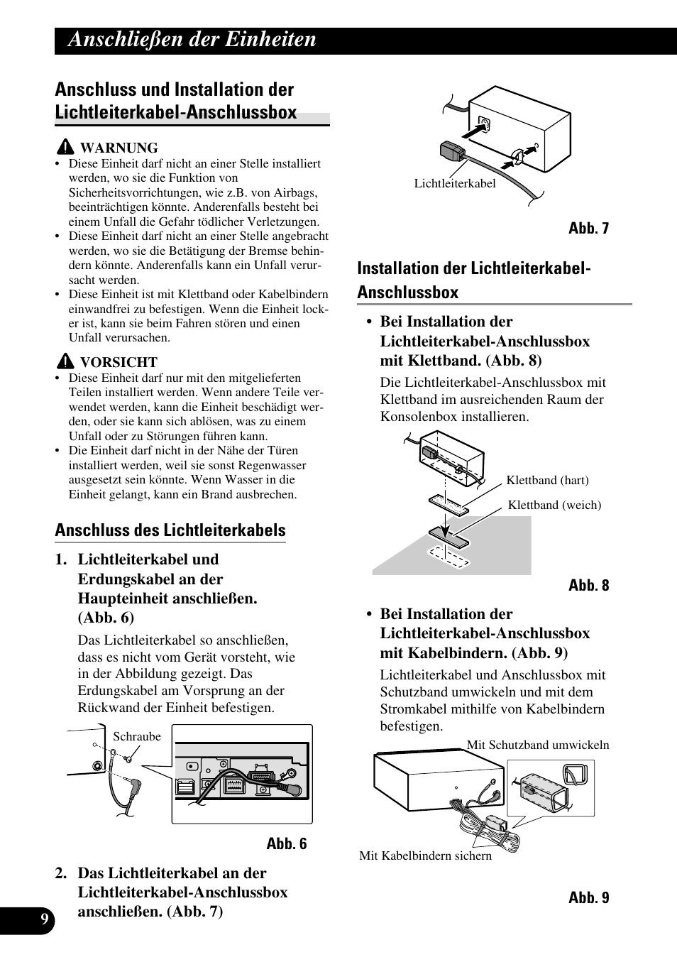 Anschluss und installation der, Lichtleiterkabel-anschlussbox, Anschließen der einheiten | Anschluss des lichtleiterkabels, Installation der lichtleiterkabel- anschlussbox | Pioneer AVH-P6600DVD User Manual | Page 38 / 85
