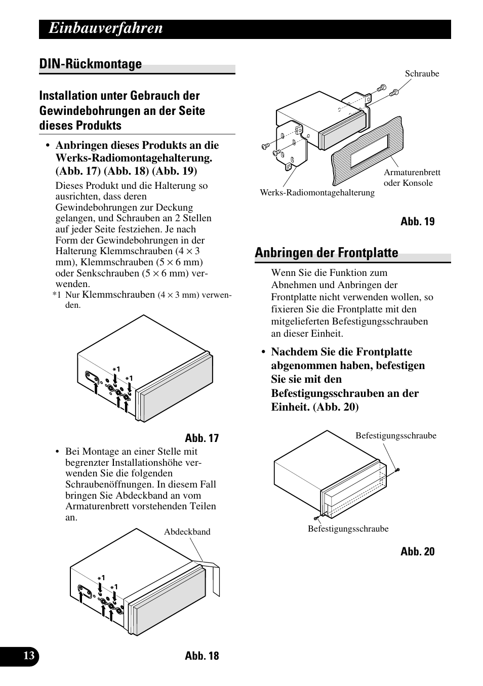 Din-rückmontage anbringen der frontplatte, Einbauverfahren, Din-rückmontage | Anbringen der frontplatte | Pioneer AVH-P6600DVD User Manual | Page 42 / 85
