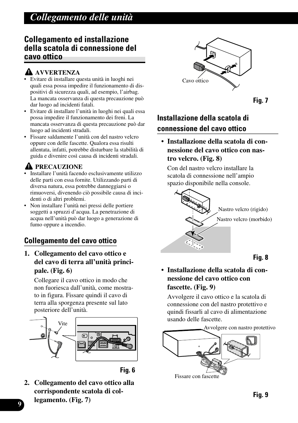 Collegamento ed installazione della scatola, Di connessione del cavo ottico, Collegamento delle unità | Collegamento del cavo ottico | Pioneer AVH-P6600DVD User Manual | Page 66 / 85