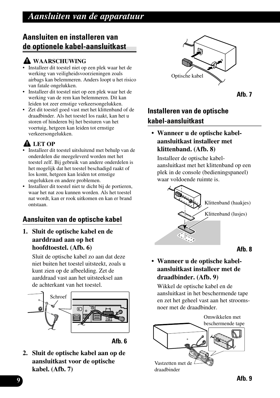 Aansluiten en installeren van de optionele, Kabel-aansluitkast, Aansluiten van de apparatuur | Aansluiten van de optische kabel, Installeren van de optische kabel-aansluitkast | Pioneer AVH-P6600DVD User Manual | Page 80 / 85