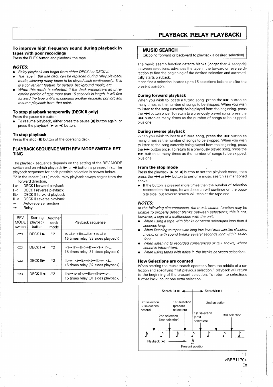 Playback (relay playback), To stop playback temporarily (deck ii only), To stop playback | Playback sequence with rev mode switch setting, During forward playback, During reverse playback, From the stop mode, How selections are counted | Pioneer CT-W505R User Manual | Page 11 / 20