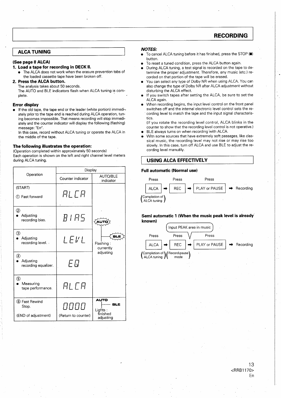 Load a tape for recording in deck ii, Press the alca button, Error display | The following illustrates the operation, Full automatic (normal use) | Pioneer CT-W505R User Manual | Page 13 / 20