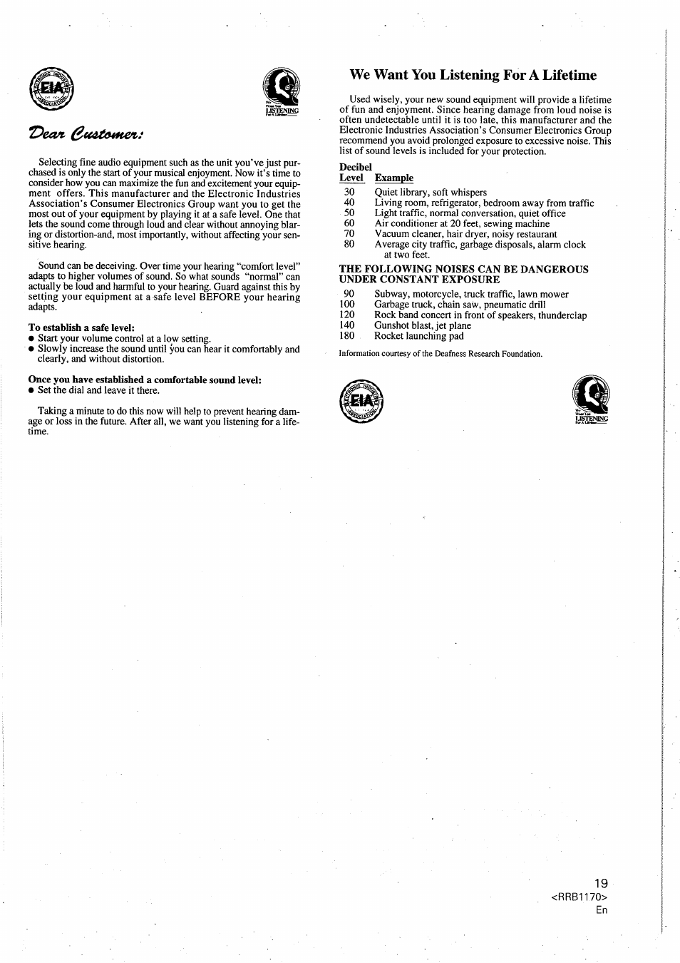 To establish a safe level, Decibel level, Deevt | We want you listening for a lifetime | Pioneer CT-W505R User Manual | Page 19 / 20