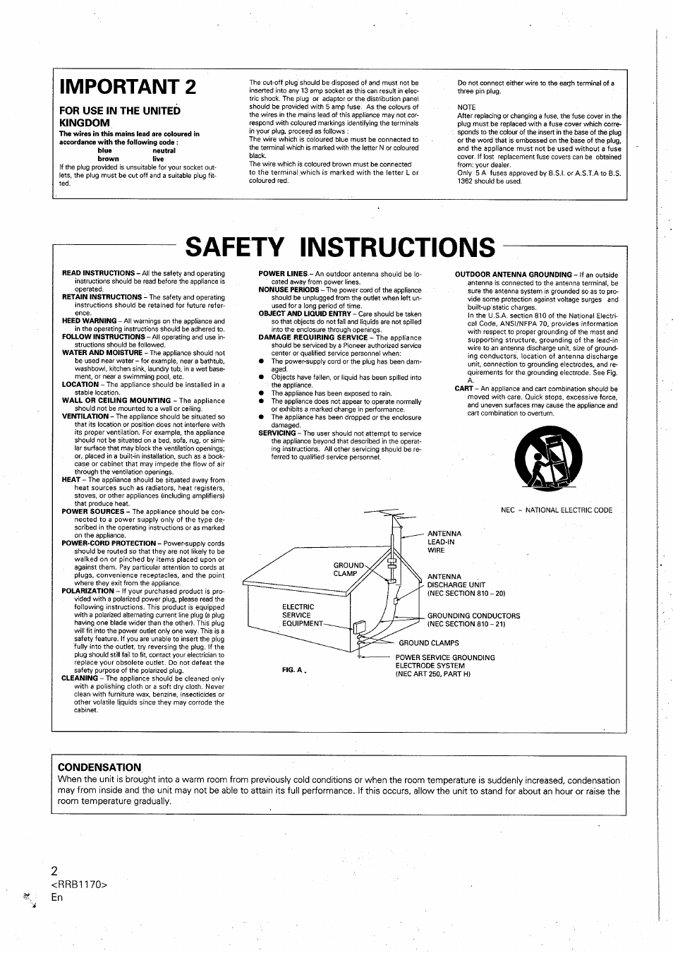 Important 2, For use in the united kingdom, Safety instructions | Condensation | Pioneer CT-W505R User Manual | Page 2 / 20