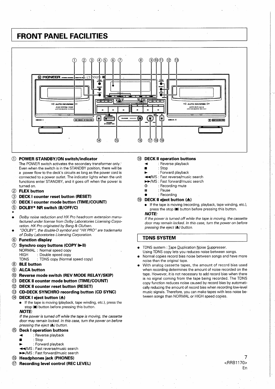 0 power standby/on switch/indicator, 0 flex button, 0 deck i counter reset button (reset) | 0 deck i counter mode button (time/count), Dolby* nr switch (b/off/c), Function display, Synchro copy buttons (copy l►il), Ble button alca button, Deck ii counter reset button (reset), Deck i operation buttons | Pioneer CT-W505R User Manual | Page 7 / 20