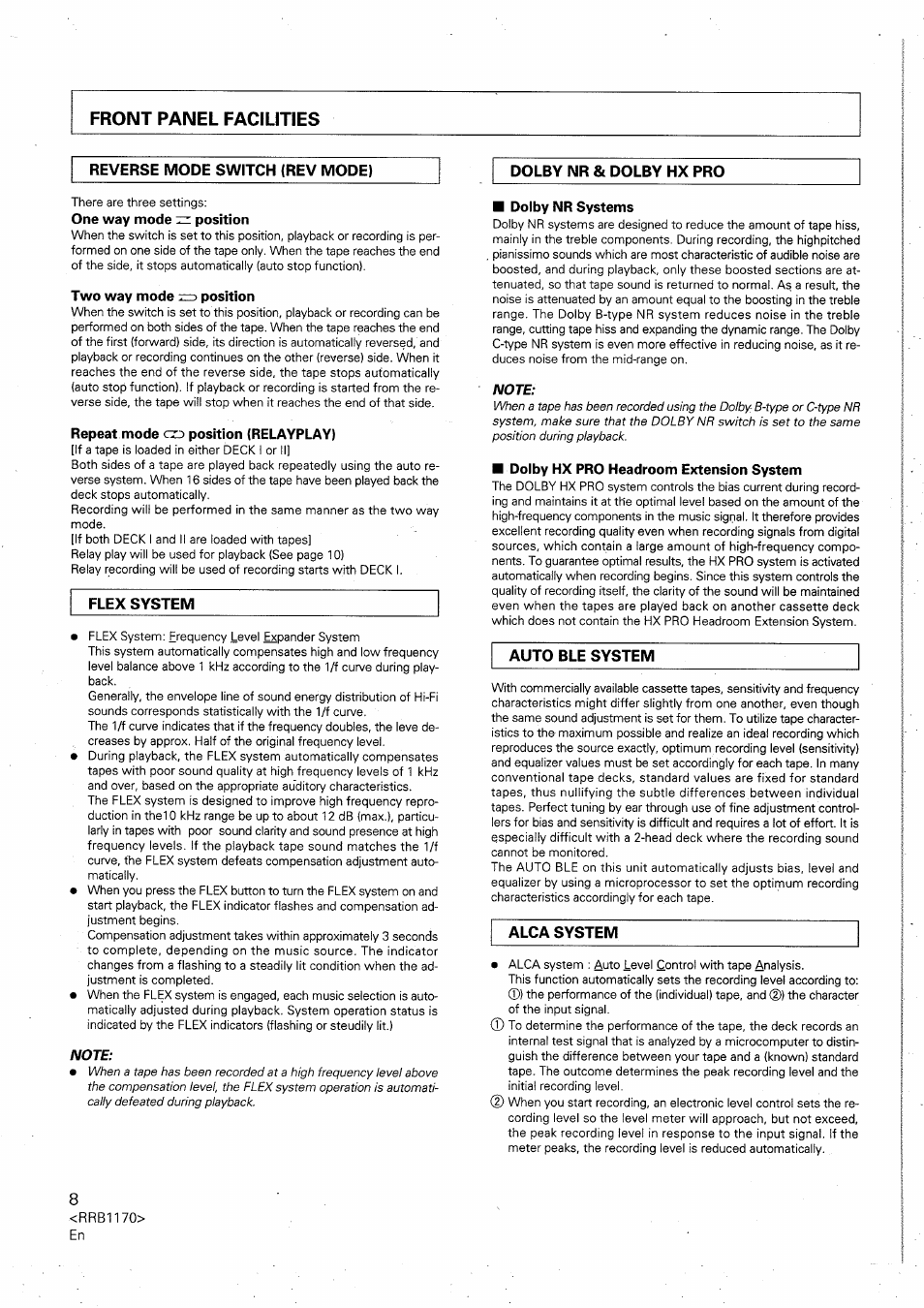 One way mode zz position, Two way mode r=> position, Repeat mode co position (relayplay) | Dolby nr systems, Dolby hx pro headroom extension system | Pioneer CT-W505R User Manual | Page 8 / 20