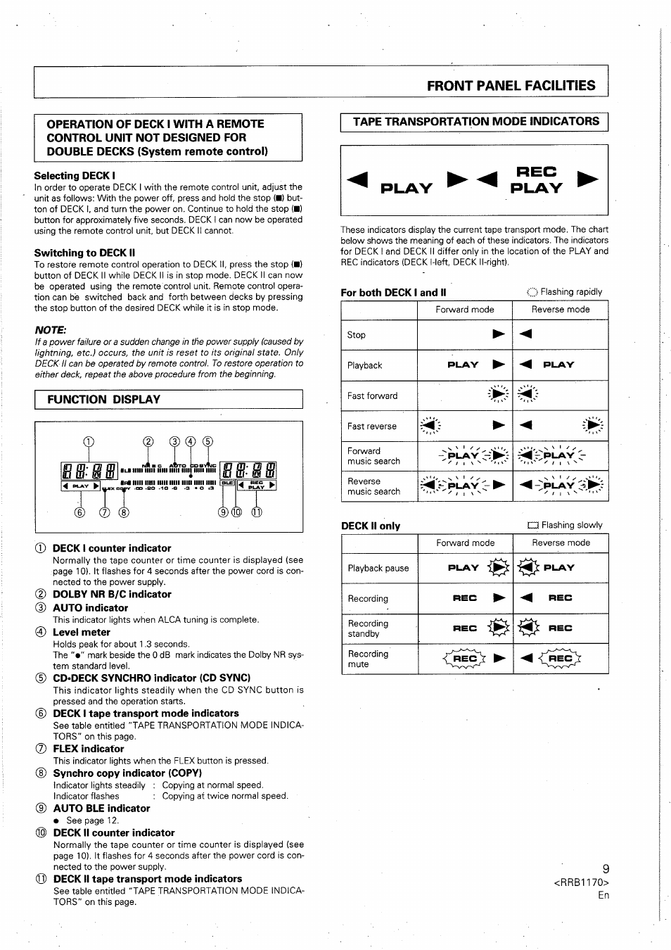 Front panel facilities, Selecting deck i, Switching to deck ii | G) deck i counter indicator, Dolby nr b/c indicator (d auto indicator, 0 level meter, D cd'deck synchro indicator (cd sync), Deck i tape transport mode indicators, Flex indicator, Synchro copy indicator (copy) | Pioneer CT-W505R User Manual | Page 9 / 20