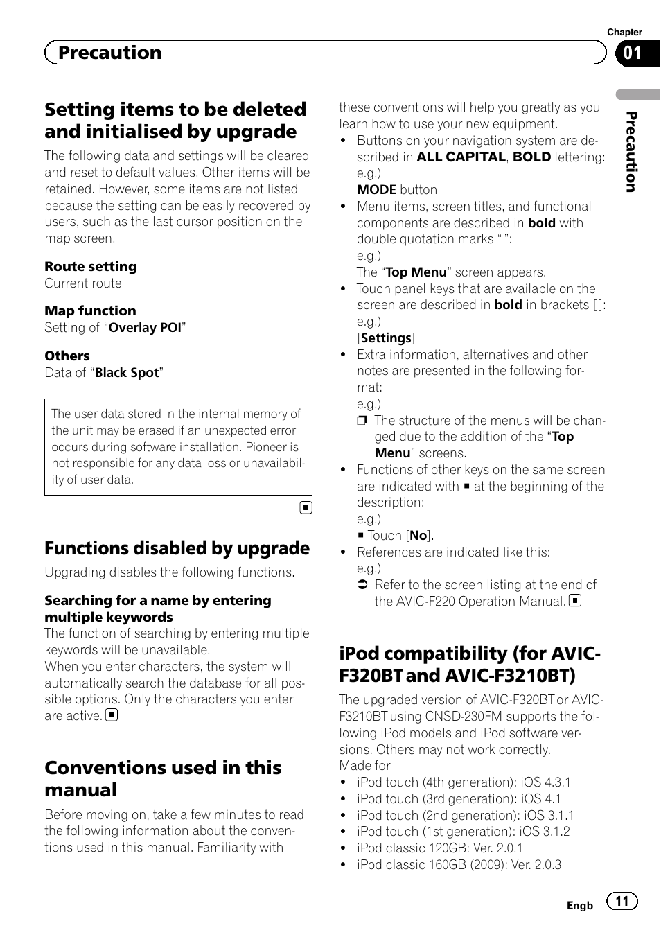Setting items to be deleted and initialised by, Upgrade, Functions disabled by upgrade | Conventions used in this manual, Ipod compatibility (for avic-f320bt and, Avic-f3210bt), Precaution | Pioneer CNSD-230FM User Manual | Page 11 / 28
