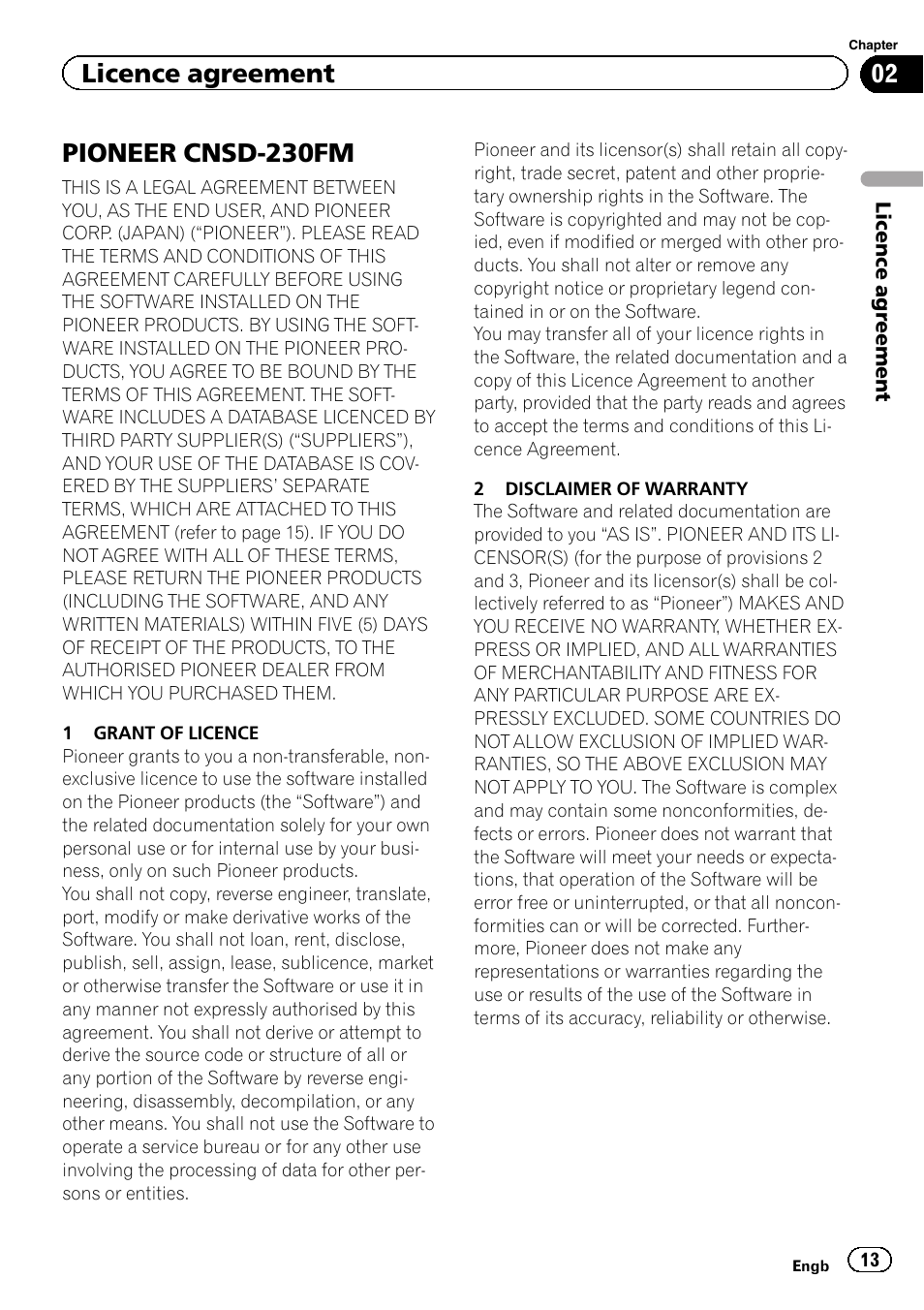 Licence agreement pioneer cnsd-230fm, Pioneer cnsd-230fm, Licence agreement | Pioneer CNSD-230FM User Manual | Page 13 / 28