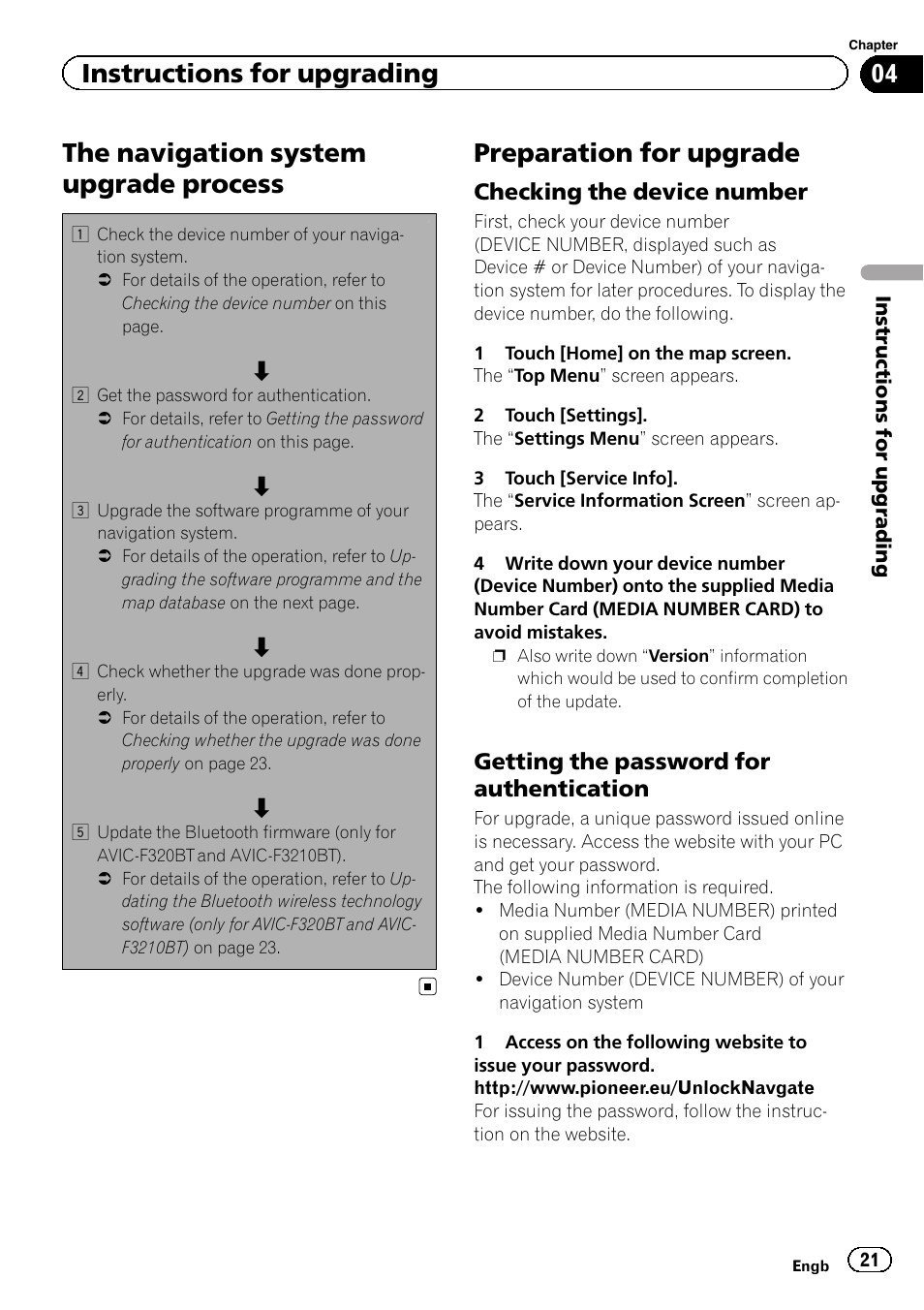 Preparation for upgrade, Checking the device number 21, Getting the password for | Authentication, The navigation system upgrade process, Instructions for upgrading | Pioneer CNSD-230FM User Manual | Page 21 / 28