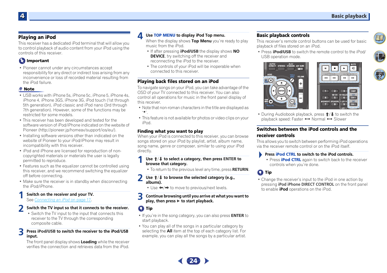 Playing an ipod, Playing back files stored on an ipod, Basic playback controls | Controls | Pioneer VSX-424-K User Manual | Page 24 / 41