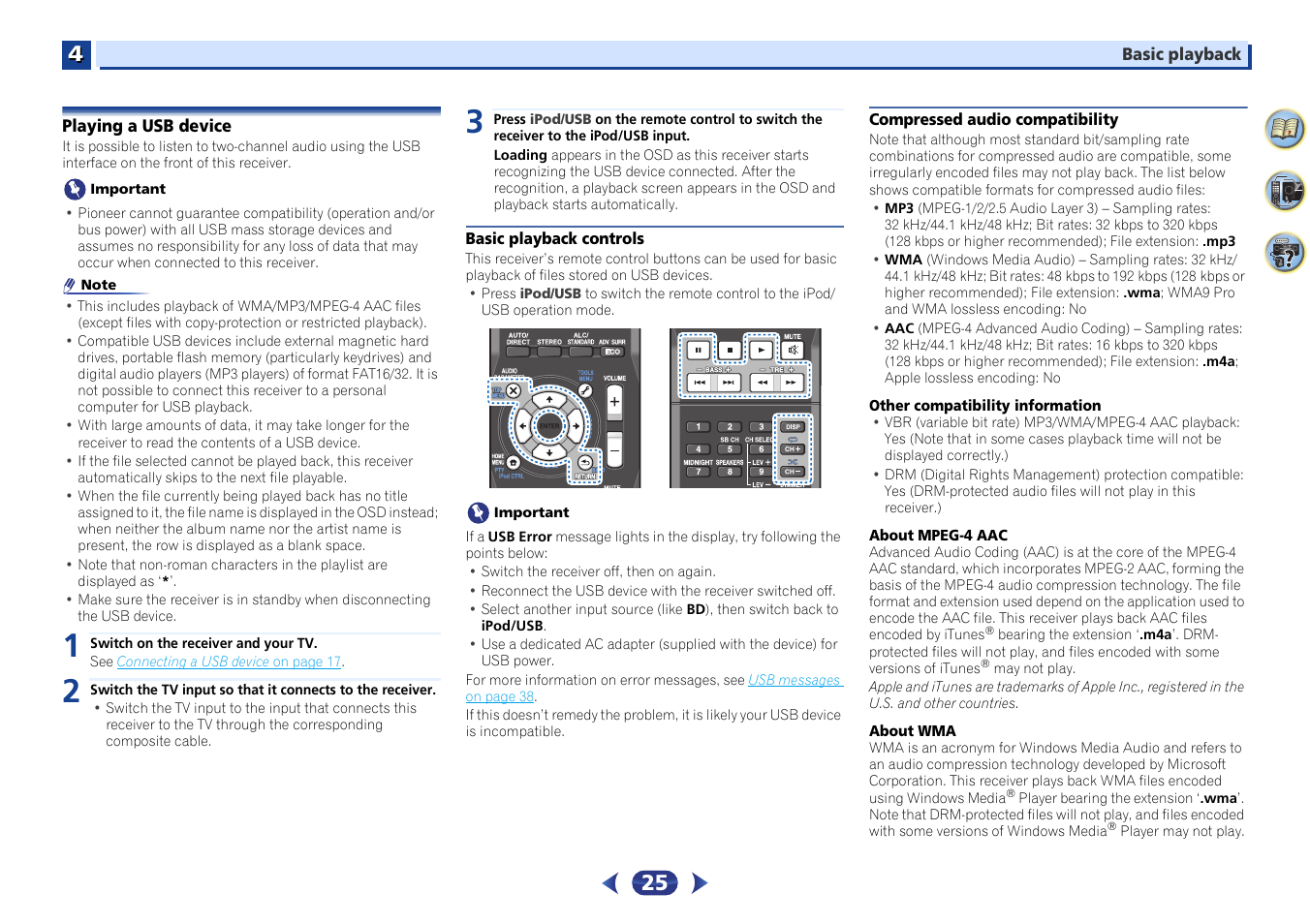 Playing a usb device, Basic playback controls, Compressed audio compatibility | Pioneer VSX-424-K User Manual | Page 25 / 41