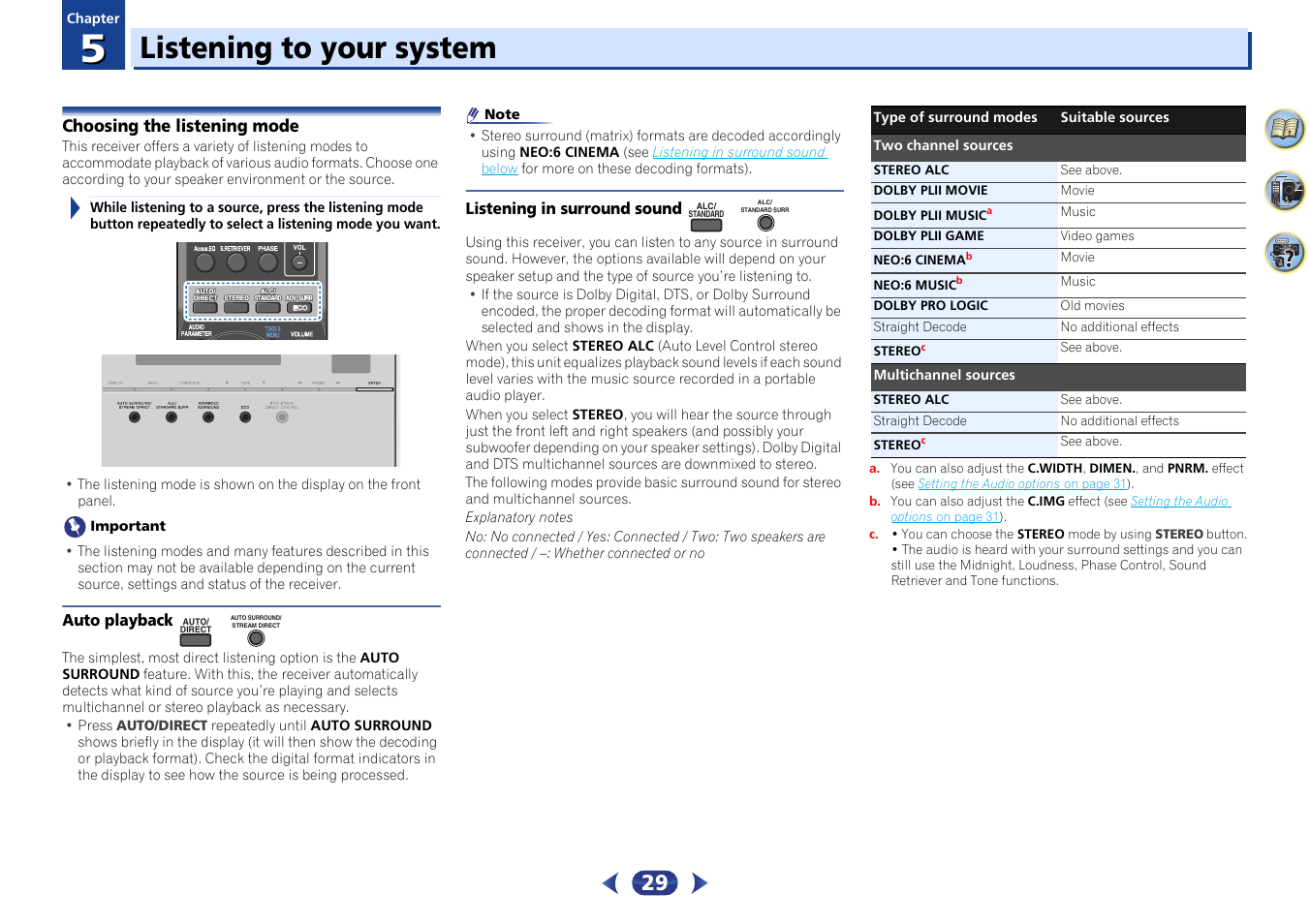 05 listening to your system, Choosing the listening mode, Auto playback | Listening in surround sound, Listening to your system | Pioneer VSX-424-K User Manual | Page 29 / 41