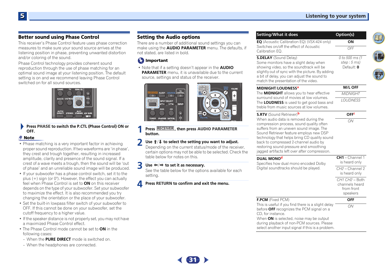 Better sound using phase control, Setting the audio options | Pioneer VSX-424-K User Manual | Page 31 / 41