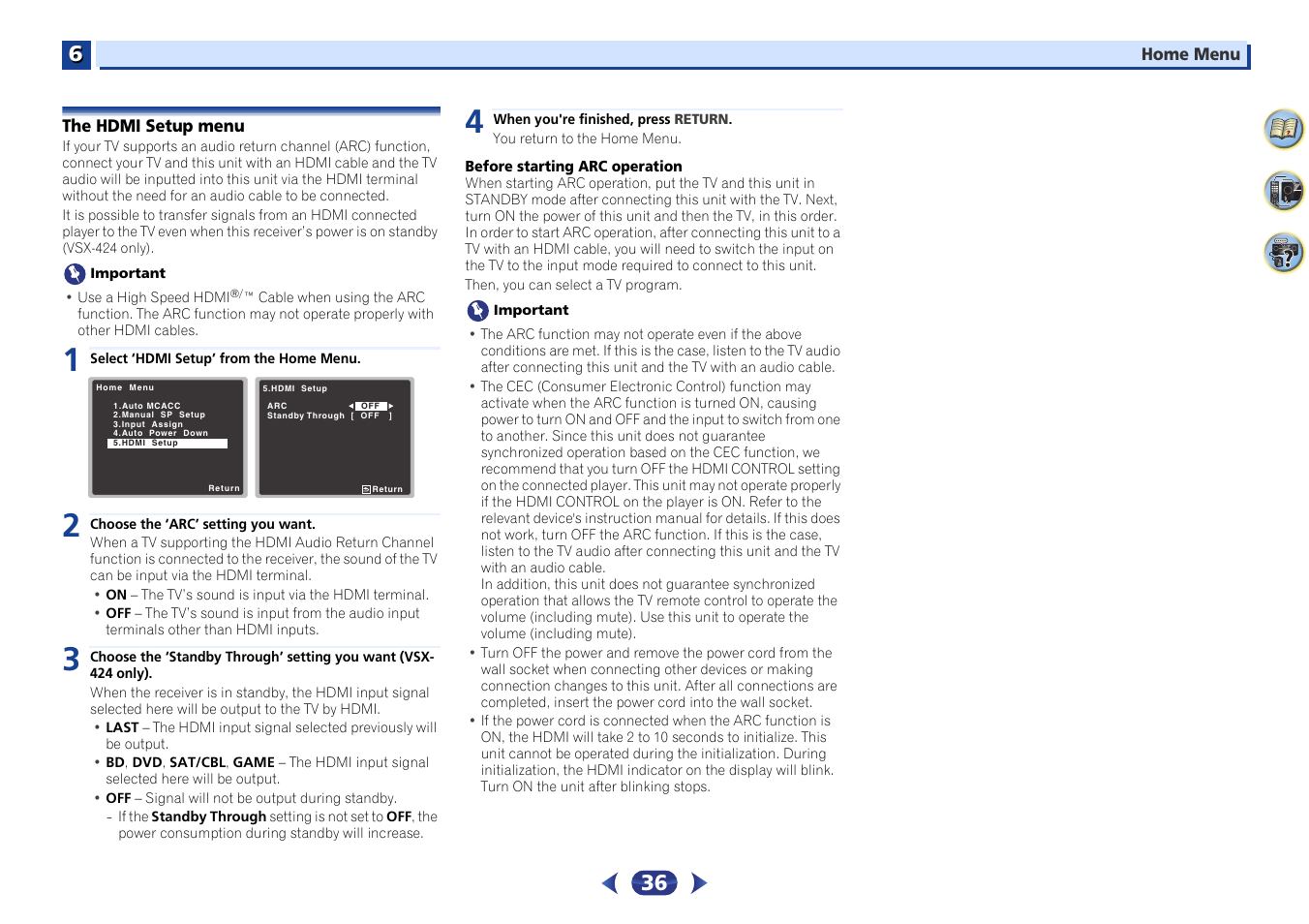 The hdmi setup menu | Pioneer VSX-424-K User Manual | Page 36 / 41