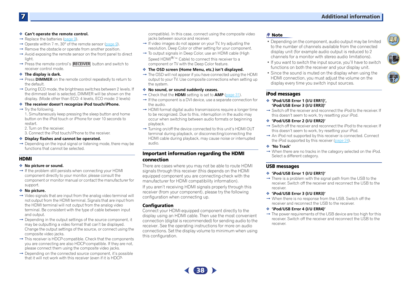 Hdmi, Important information regarding the hdmi, Connection | Ipod messages, Usb messages | Pioneer VSX-424-K User Manual | Page 38 / 41
