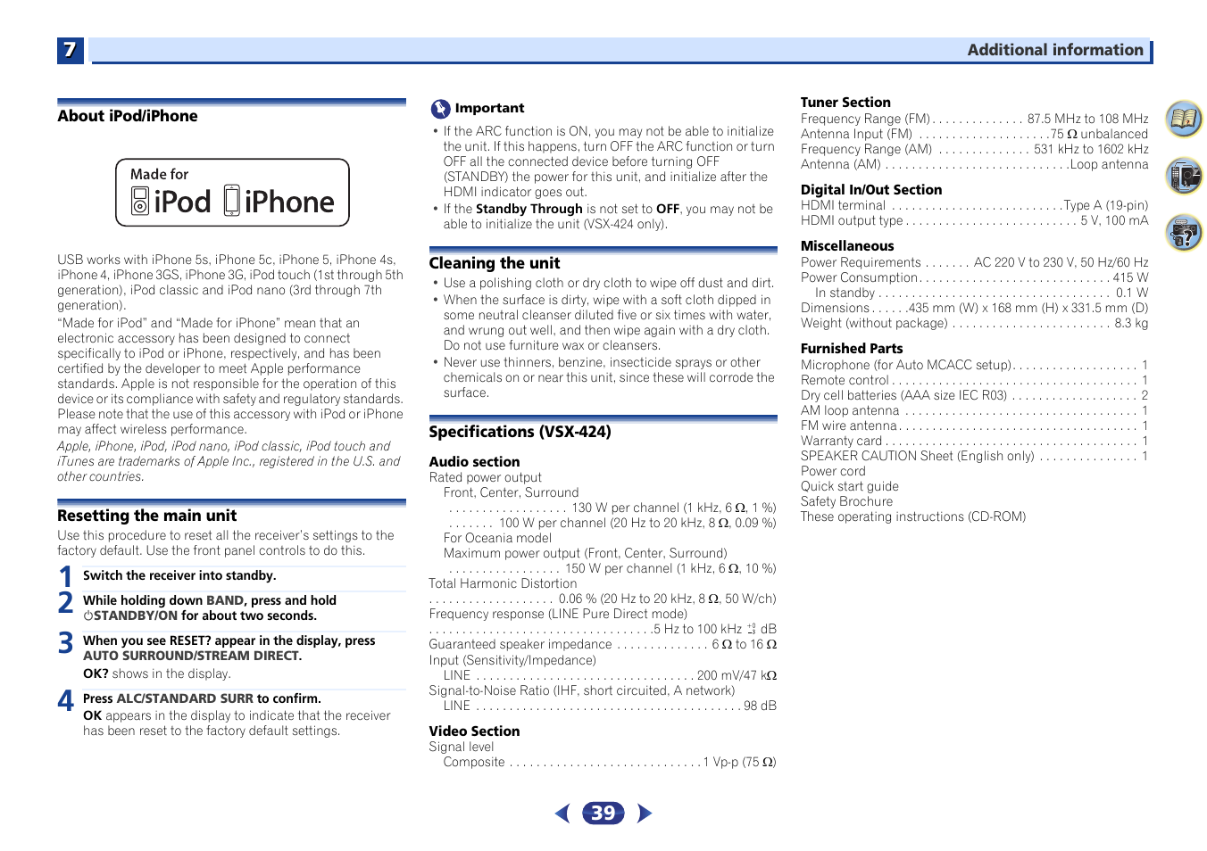 About ipod/iphone, Resetting the main unit, Cleaning the unit | Specifications (vsx-424) | Pioneer VSX-424-K User Manual | Page 39 / 41