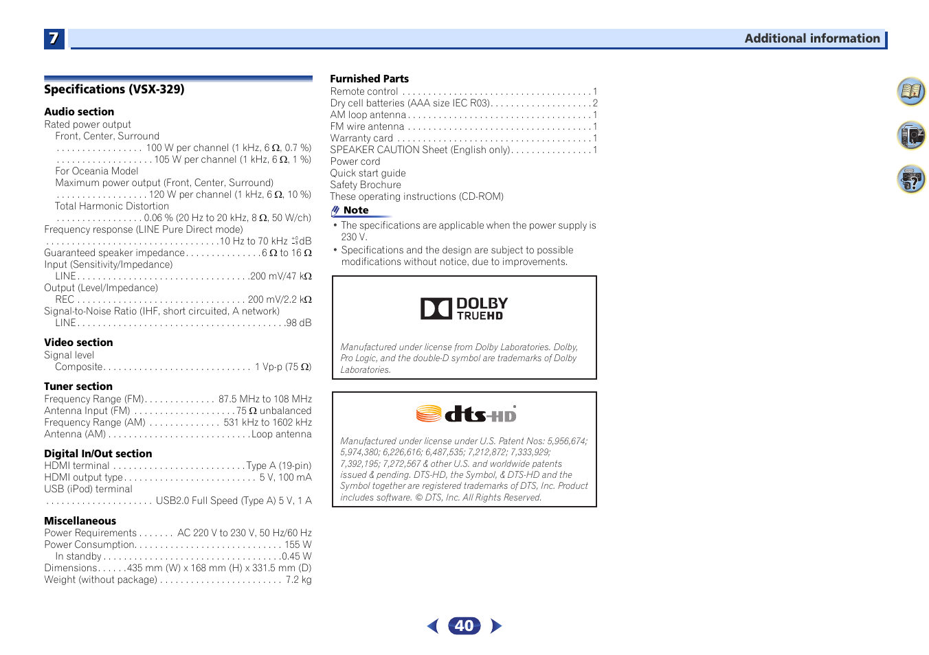 Specifications (vsx-329) | Pioneer VSX-424-K User Manual | Page 40 / 41