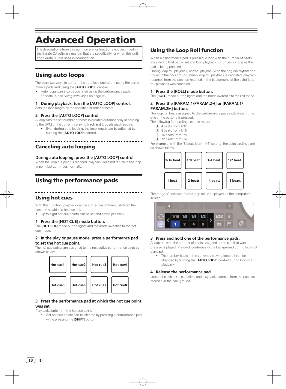 Advanced operation, Using auto loops, Using the performance pads | Using auto loops using the performance pads, Canceling auto looping, Using hot cues, Using the loop roll function | Pioneer DDJ-SP1 User Manual | Page 10 / 24