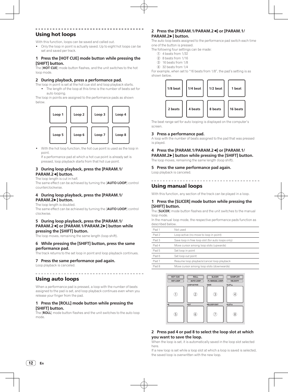 Using hot loops, Using auto loops, Using manual loops | Pioneer DDJ-SP1 User Manual | Page 12 / 24